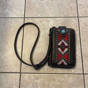 American Bling Embroidered Aztec Phone Wallet/Crossbody Dark Brown Turquoise